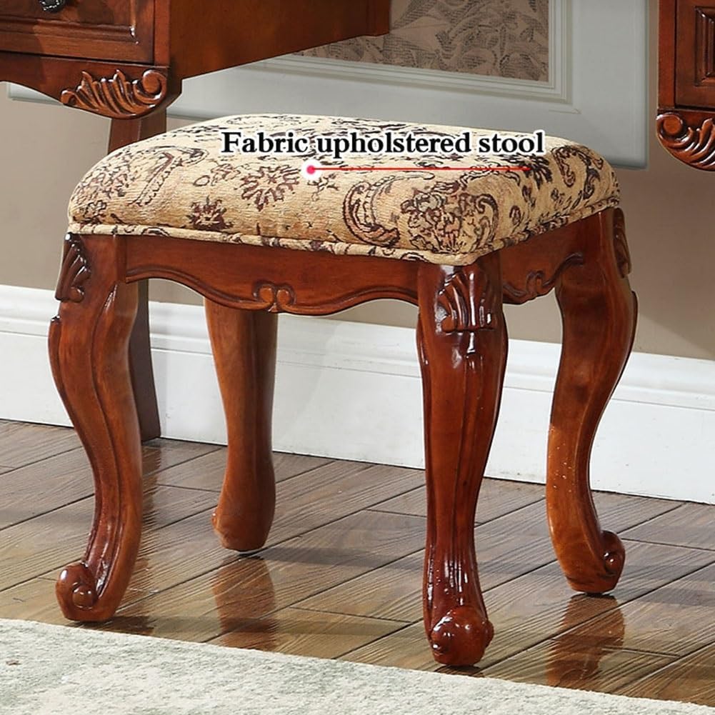 Mid Century European Antique Makeup Vanity, Vintage Brown Makeup Table with 5 Drawers and Mirror, Fabric Upholstered Stool, Bedroom Dressing Table for Women Girls (100cm/39in)