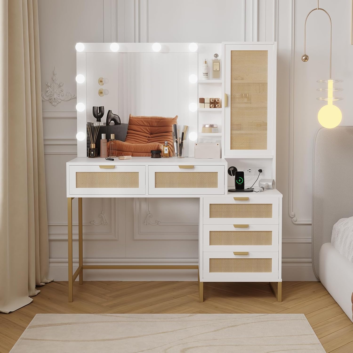 Modern Vanity Makeup Desk with Vanity Mirror, Built-in Lights, 5 Drawers, Power Outlet, Makeup Desk for Bedroom, White & Gold, Rattan