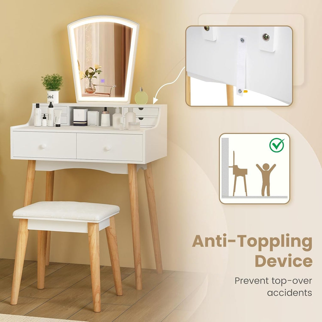 CHARMAID Small Vanity Desk with Mirror and Lights, White Makeup Vanity Desk with 6 Drawers, Adjustable 3 Color Lighting Modes, Compact Girls Bedroom Vanity Dressing Table with Stool for Small Space