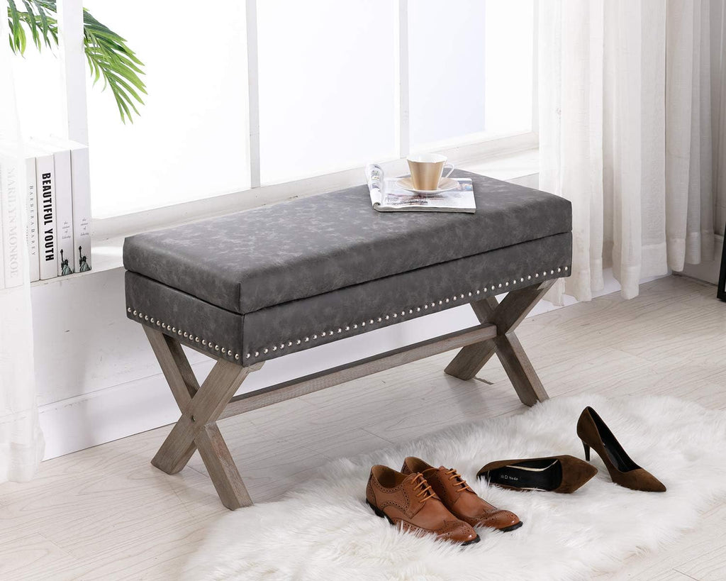 chairus PU Leather Upholstered Storage Entryway Bench, 36 inch Bedroom Bench Seat with X-Shaped Wood Legs for Living Room, Foyer or Hallway - Gray