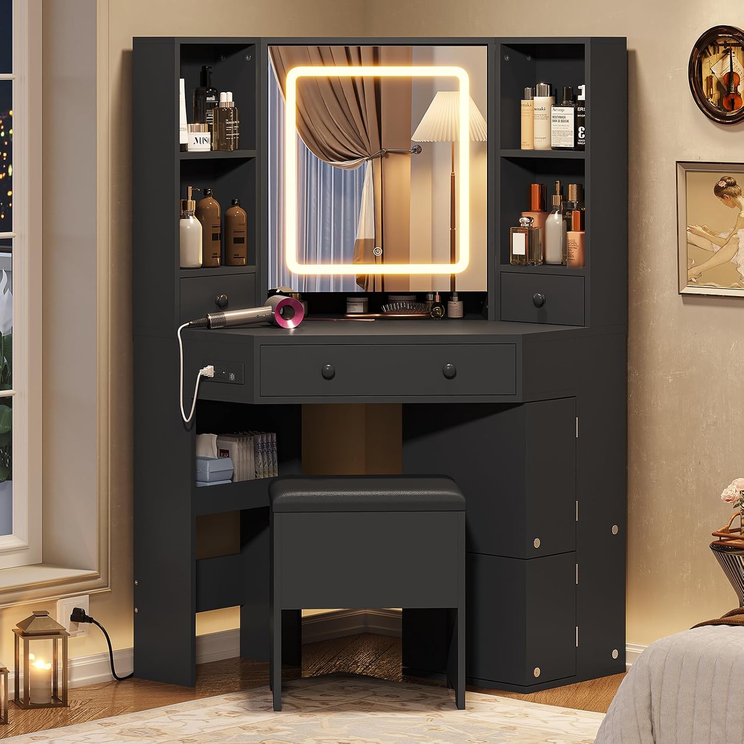 BTHFST Corner Vanity Desk with Lighted Mirror, Makeup Vanity with Lights and Charging Station, Vanity Set with Mirror and Storage Stool, Makeup Table with Drawers, Rotating Shelves, Black