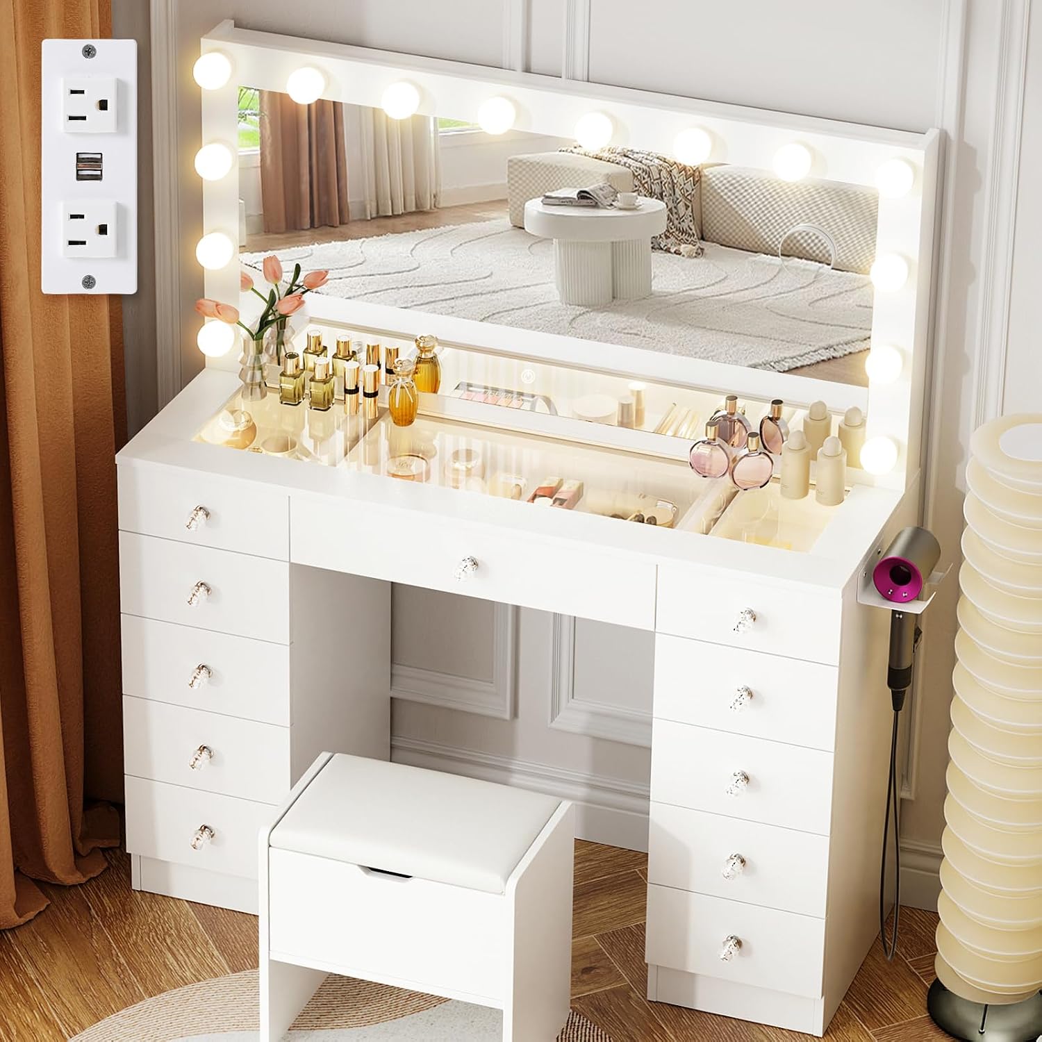VOWNER Vanity with Lighted Mirror - Makeup Vanity Desk with Glass Top and 11 Drawers, 3 Color Lighting Modes Adjustable Brightness, 46' Vanity Table with Soft Cushioned Stool for Bedroom, White
