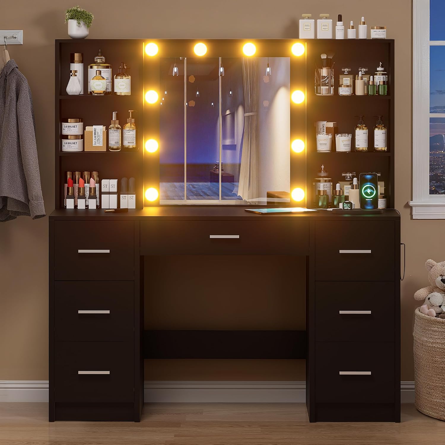 Vanity Desk with Mirror and LED Lights, Large Vanity with 7 Drawers and 6 Shelves, Make up Vanity Dressing Table with Charging Station for Girls, Women (Black)