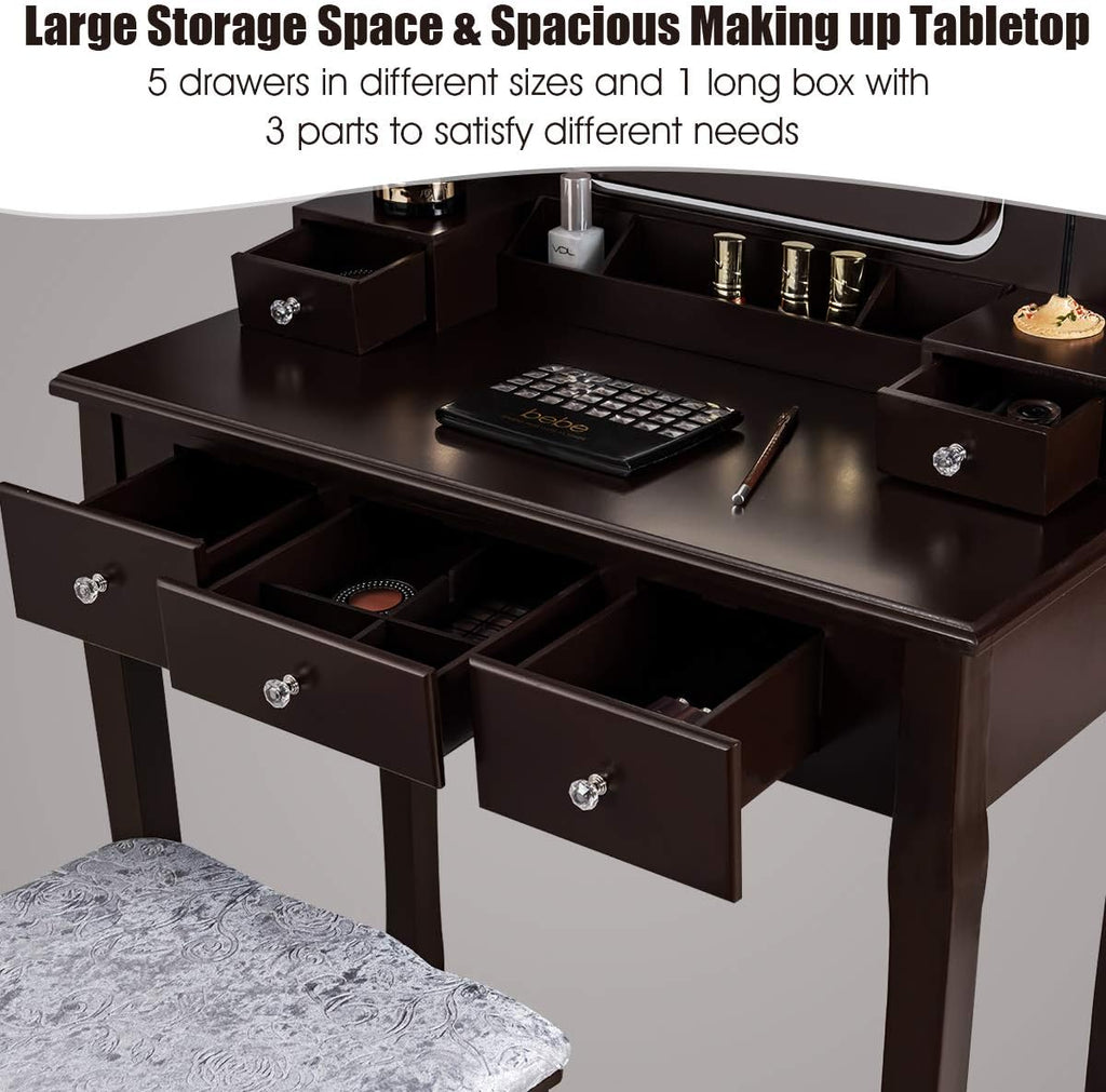 DORTALA Vanity Table Set w/ 360-Degree Rectangular Mirror & Cushioned Stool, Makeup Table w/ 10 LED Dimmable Bulbs, Bedroom Wood Dressing Table w/ 5 Drawers & Removable Box Organizer, Brown