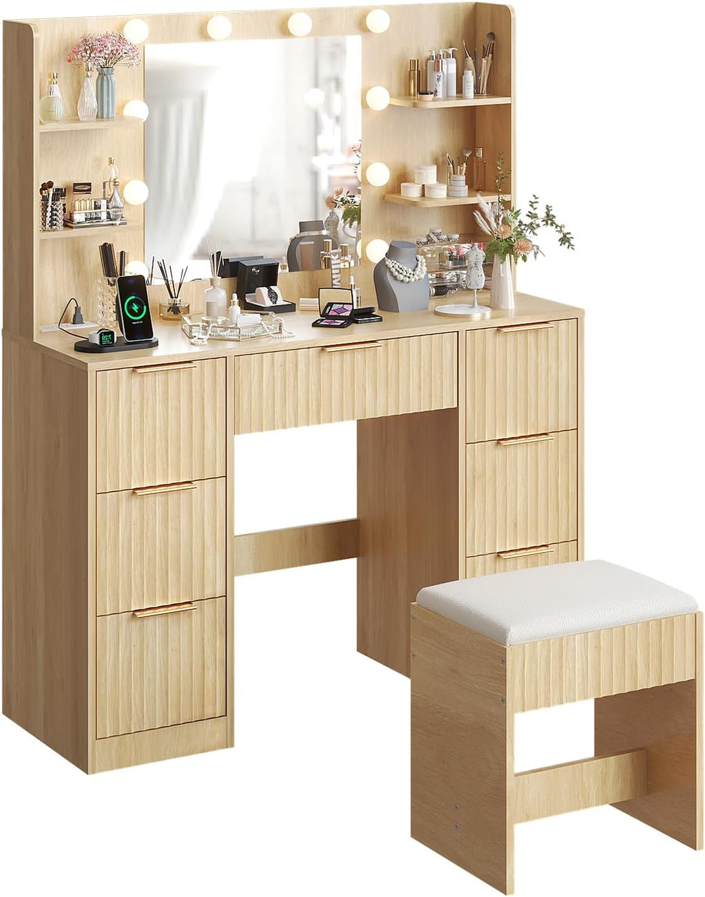 Karl home Fluted Vanity Desk with Mirror and Lights in 3 Modes and Charging Station, Makeup Vanity Table Set with 7 Drawers & Storage Shelves, Dressing Table with Chair for Bedroom, Oak