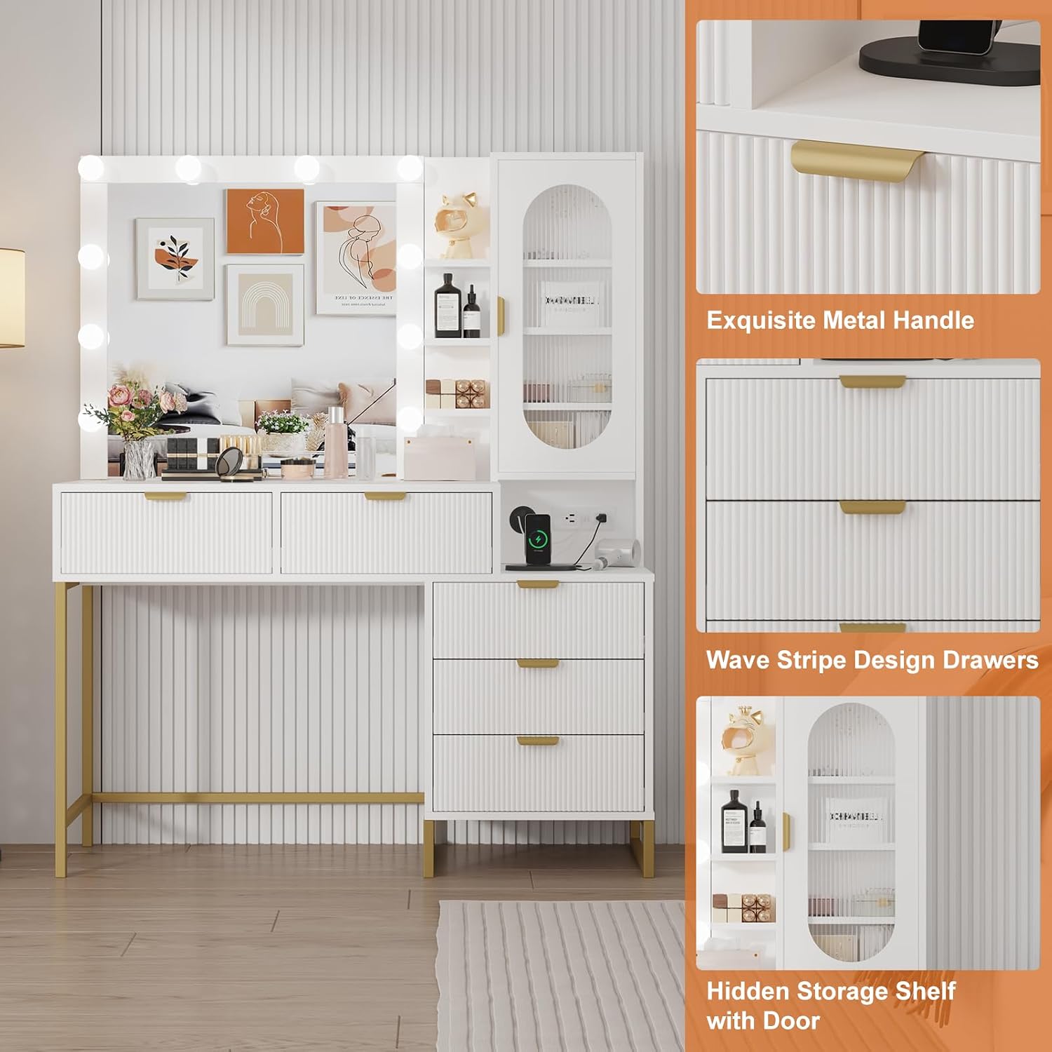 Modern Vanity Makeup Desk with Vanity Mirror, Built-in Lights, 5 Drawers, Power Outlet, Makeup Desk for Bedroom, White & Gold, Wavy Stripes