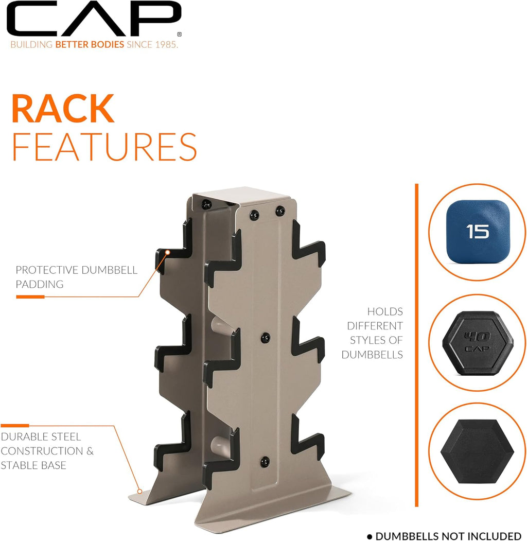 CAP Dumbbell Set with Rack, Rubber Coated Hex Free Weight Set | 100–300 lb Options, Vertical Space-Saving Storage for Home Gym Strength Training