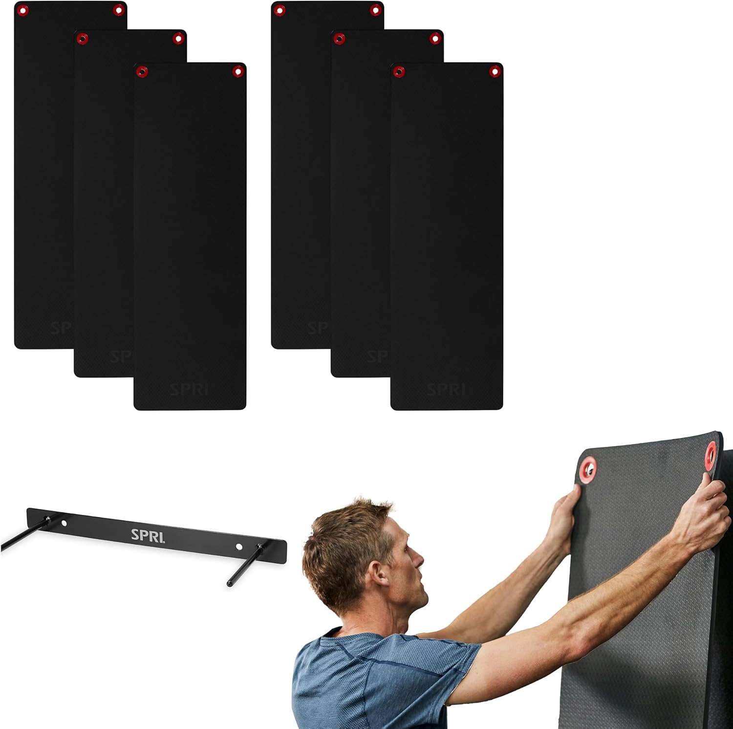 SPRI Hanging Bulk Fitness Mats, 15mm, 56' x 23' Black, 6 Pack, Closed-Cell Foam Bulk Yoga Mats for Gyms