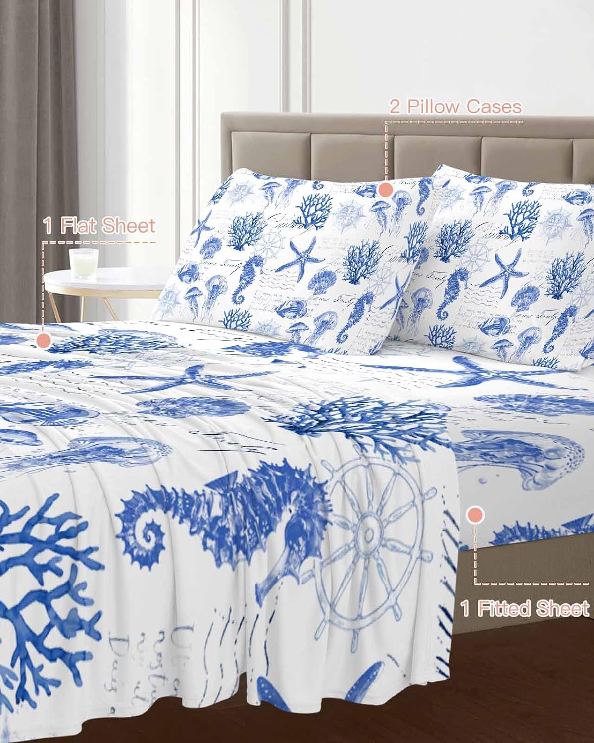 Blue Coastal Cal King Sheet Set 4 Piece Bedding - Ocean Nautical Coral Seahorse Starfish Breathable Comfy Cooling Bed Sheets & Pillowcase Sets,Hotel Luxury Flat Sheets Deep Pockets Fitted Sheet