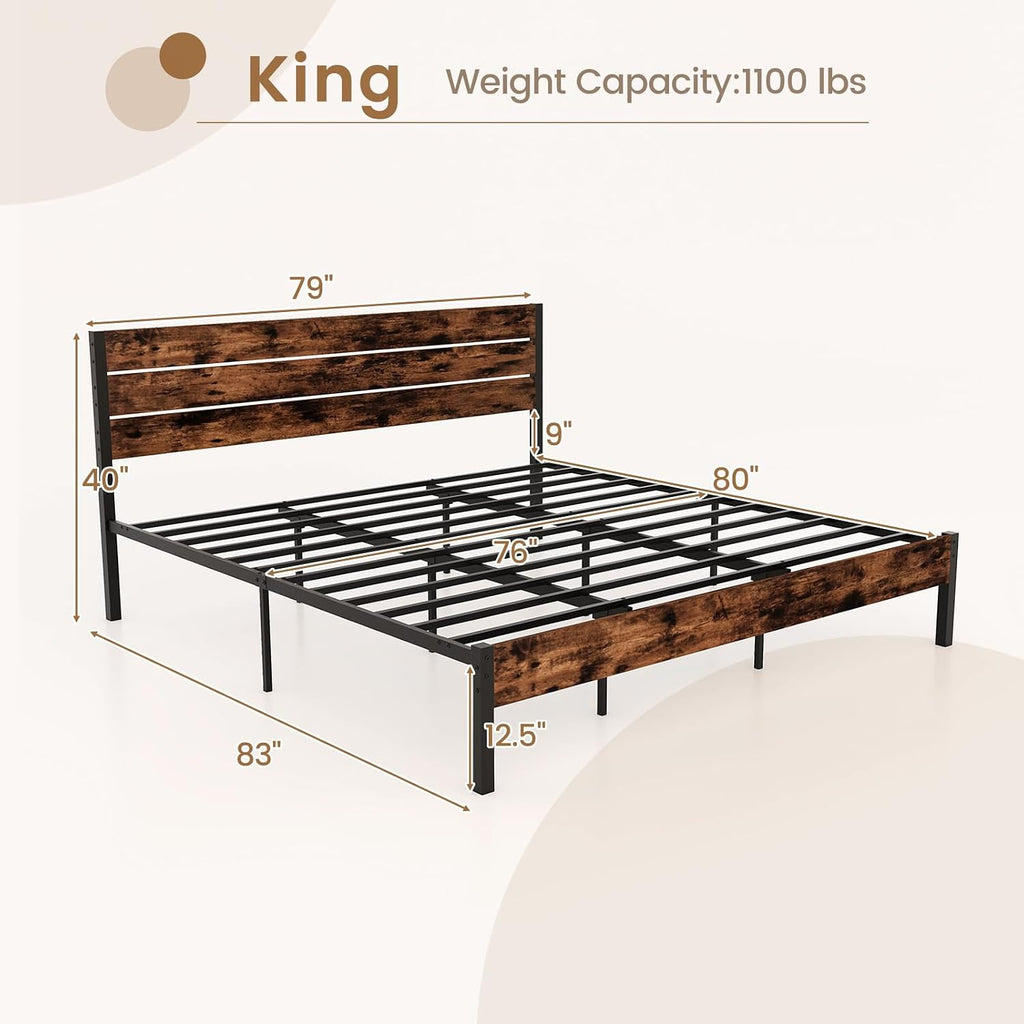 GOFLAME King Size Bed Frame, Metal Platform Bed with Under-Bed Storage Space & Slatted Headboard, Industrial Bed Base, No Box Spring Needed Mattress Foundation, Rustic Brown