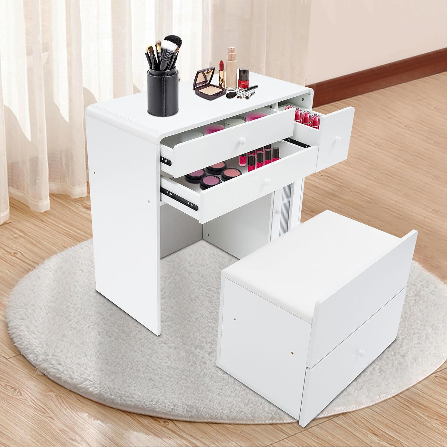 Vanity Desk,Makeup Vanity Desk with 4 Drawers,Storage Bench,Makeup Vanity Table for Compact Space,The Soft with The Soft Stool,Dressing Table for Homes,Apartments (Creamy White)