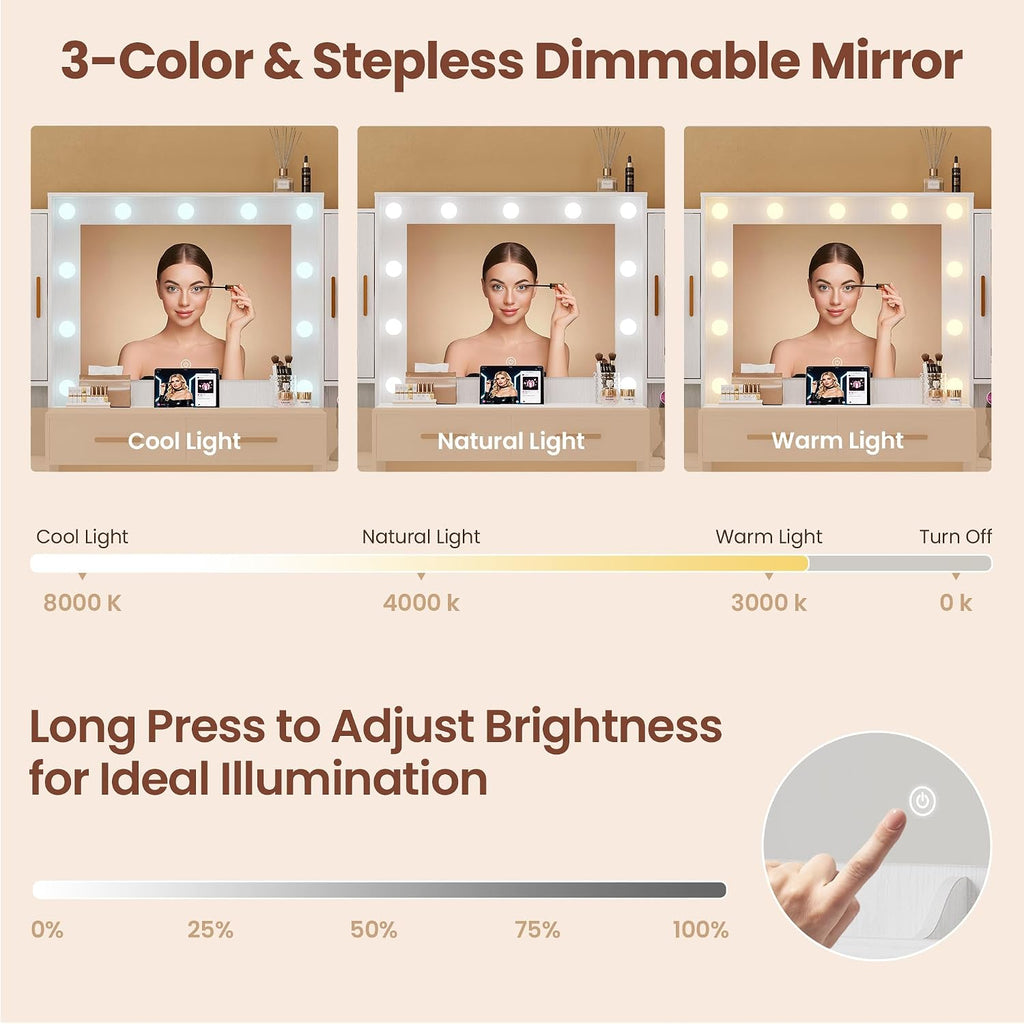 58.4' Large Makeup Vanity with Mirror, Vanity Set with Stool Lights 8 Drawers 2 Glass-Door Cabinets Power Outlet Phone Groove Vanity with Chair Makeup Vanity Desk for Bedroom Dressing Room, White