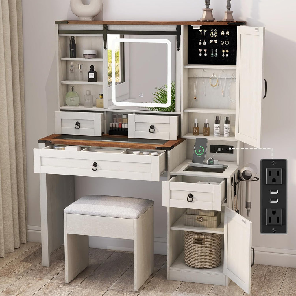 Farmhouse Makeup Vanity Desk with Sliding Mirror and Lights, 42 Wood Vanity Table Set with Glass Top, Power Outlets, Jewelry Storage Cabinet, 4 Drawers, Stool for Country Room Decor, Antique White