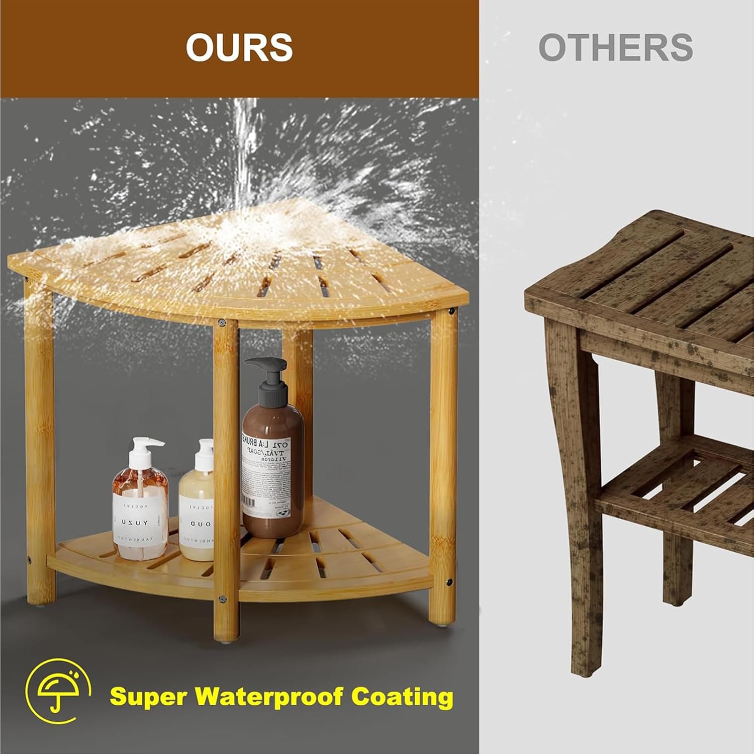 Bamboo Shower Bench with Storage Shelf Waterproof Corner Shower Stool for Shaving Legs Compact Size (15 * 13in)
