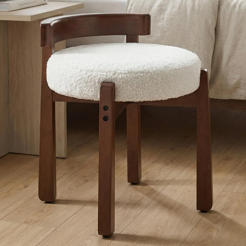HNY Modern Boucle Ottoman : Upholstered Vanity Chair with Solid Wood Legs, Cute Round Footrest for Bedroom & Living Room, White