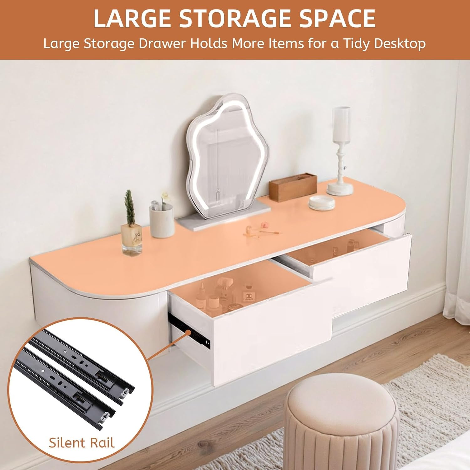 Floating Desk With Drawers White Wall Mounted Vanity Desk Corner Floating Vanity Makeup Table Storage Wall-mounted Cabinet Bedside Dressing Table Shelf With Drawer For Bedroom Included Mirror Mini(Fre