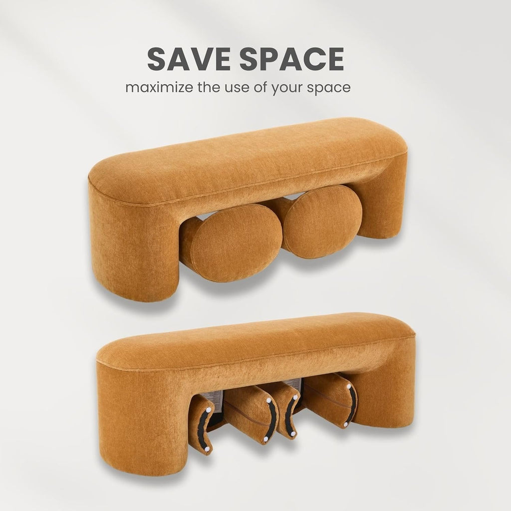 3-Piece Nesting Ottoman Bench Set, 53' Chenille Upholstered End of Bed Bench with 2 Foot Stools, Modern Space-Saving Entry & Vanity Stools for Living Room & Bedroom, Mustard Yellow