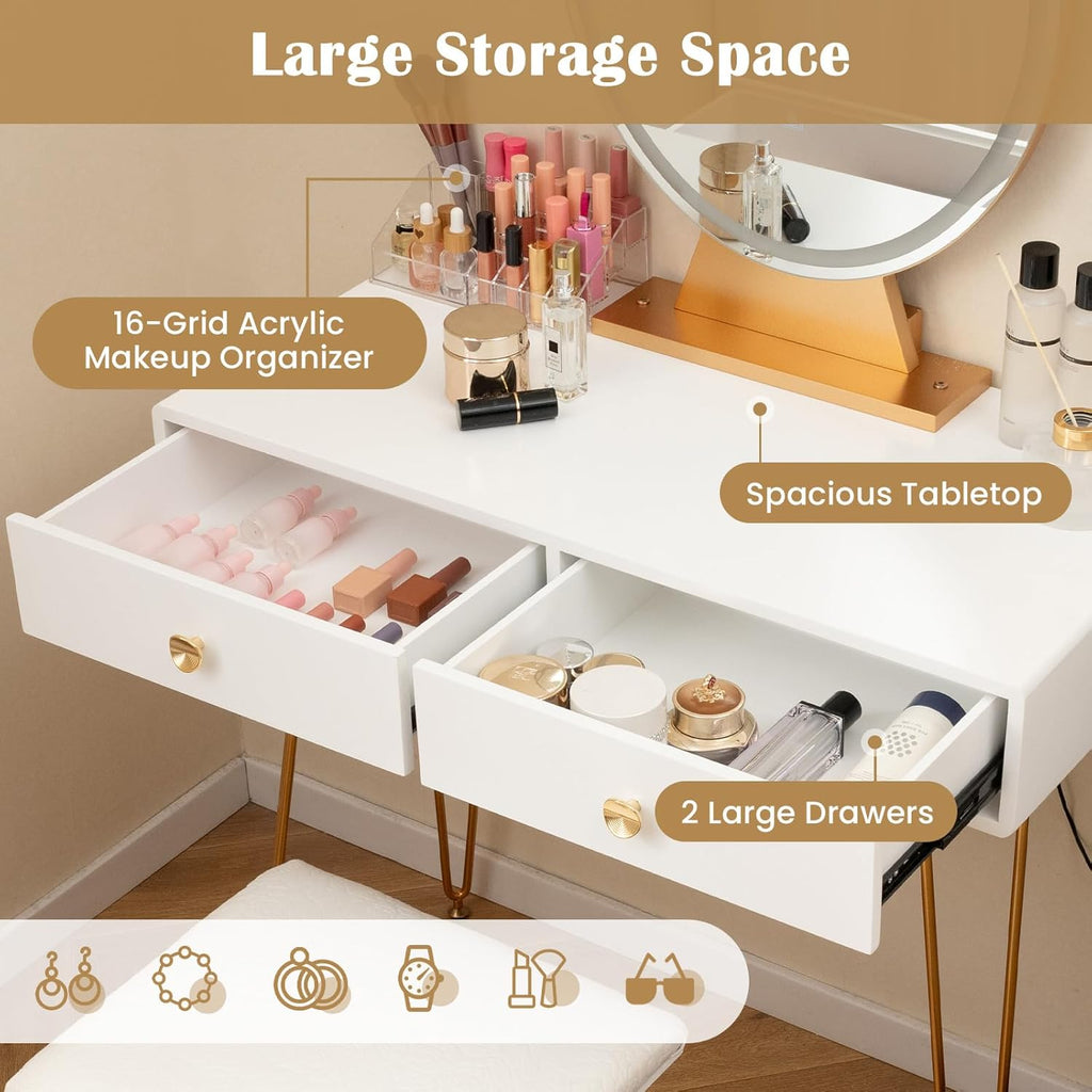 Byroce Vanity Desk with Lighted Mirror, 3 Color Lighting Modes, Adjustable Brightness, 2 Large Drawers & Acrylic Storage Box, Makeup Vanity Table with Cushioned Stool for Bedroom (White)