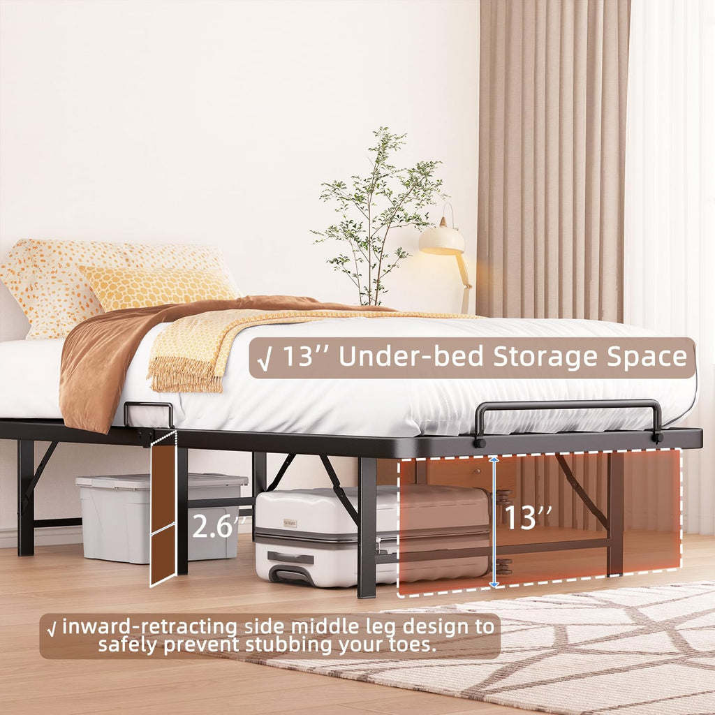 Foldable Twin Bed Frame,Folding Twin Bed Frame, 14 Inch Heavy Duty Metal Platform Bed, Sturdy Steel Bed Frames, Portable Bed, Tool-Free,Easy Assembly, No Box Spring Needed,Noise Free,Black