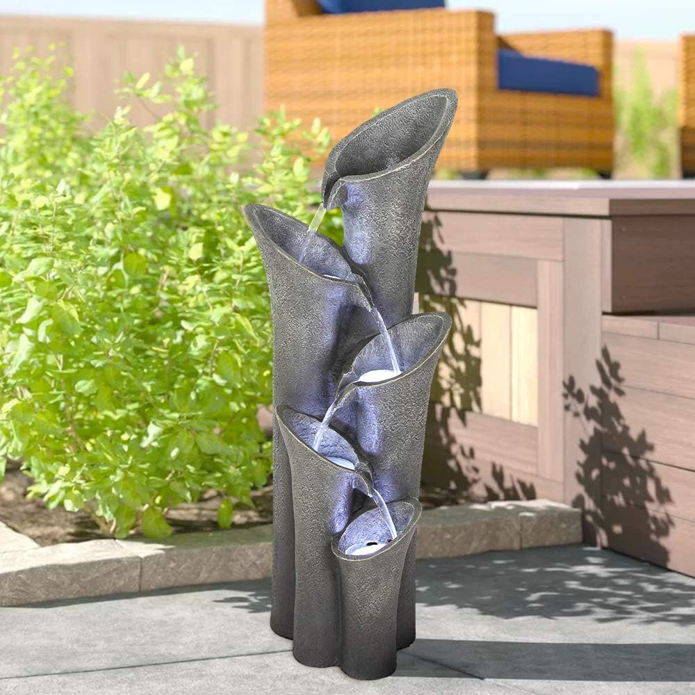 Faux Stone LED Floor Fountain 39 2/5', Bell 5-Tier Waterfall Outdoor Fountain LED Illuminated Water Feature for Patio Garden