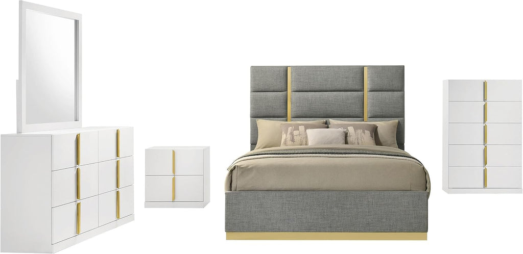 Coaster Home Furnishings - INES - Wood - 5-Piece Bedroom Set with Upholstered Bed and Flat Drawer Fronts - Bedroom - Queen Size - White High Gloss and Grey - 223091GRYQ-S5