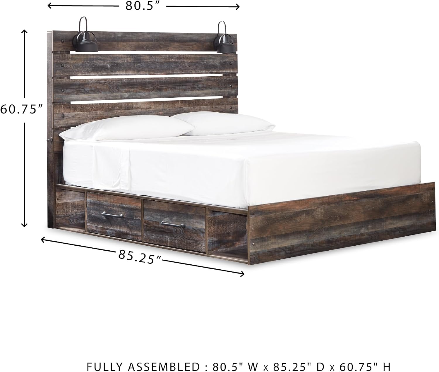 Signature Design by Ashley Drystan Rustic King Panel Platform Bed with 4 Storage Drawers, Open Cubbies, Sconce LED Lights and USB Ports, Foundation or Box Spring Not Needed, Dark Brown & Gray