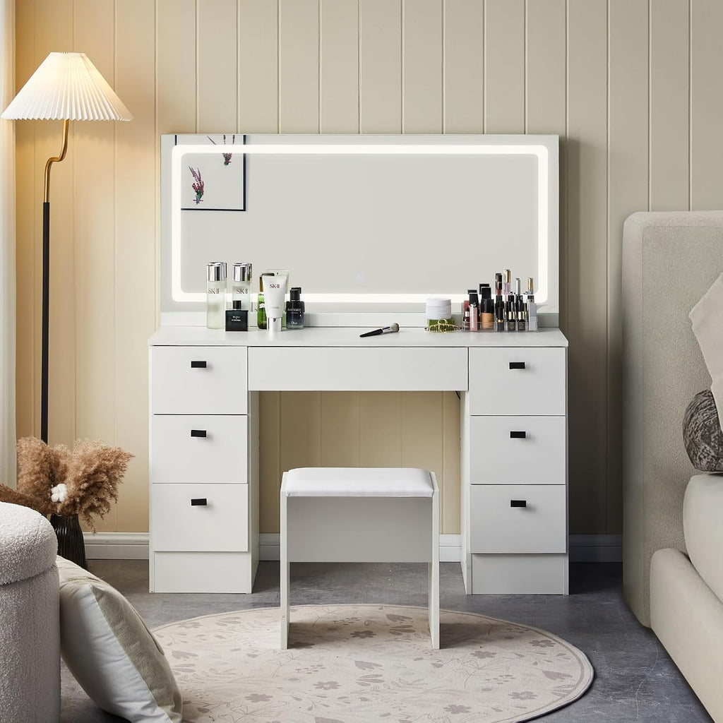 CLIPOP Makeup Vanity Desk with Large Lighted Mirror, Makeup Table with 7 Drawers, Power Outlet, Touch Control 3 Color Modes & Adjustable Brightness LED Strip, Cushioned Stool | Bedroom Dressing Table