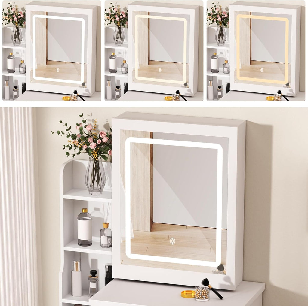 Vanity Desk with Mirror and Lights,Teen Girls Makeup Vanity Table, Dresser with mirror, Bedroom Vanity Set with 6 Spacious Drawers ,Shelves Dressing Desk for Bedroom Dressing Room (White with light)