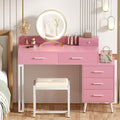 Armocity Pink Vanity Desk with Mirror and Lights, Modern Makeup Vanity Table Set with 6 Storage Drawers and Cushioned Stool for Bedroom, Dressing Table with Divided Organizers for Women Girls, Pink