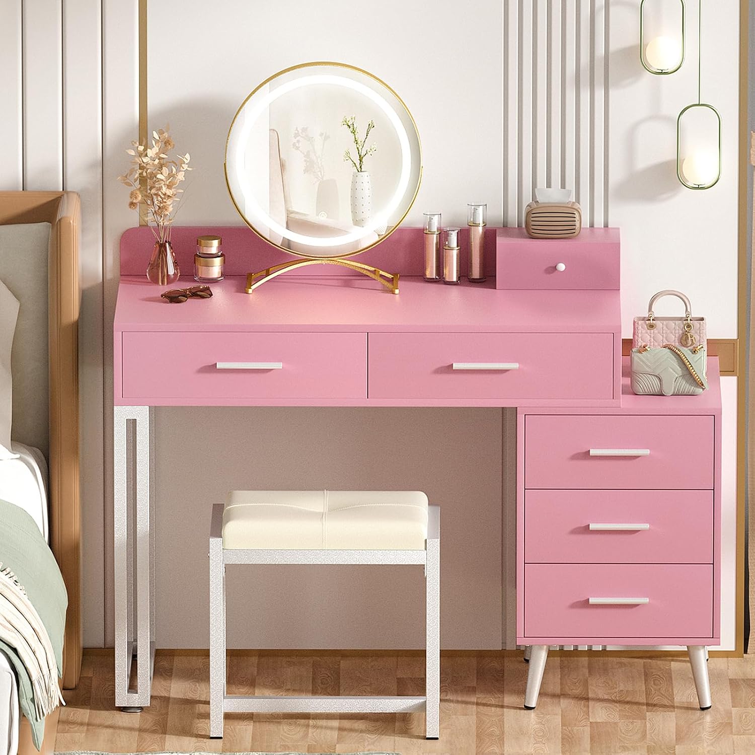 Armocity Pink Vanity Desk with Mirror and Lights, Modern Makeup Vanity Table Set with 6 Storage Drawers and Cushioned Stool for Bedroom, Dressing Table with Divided Organizers for Women Girls, Pink