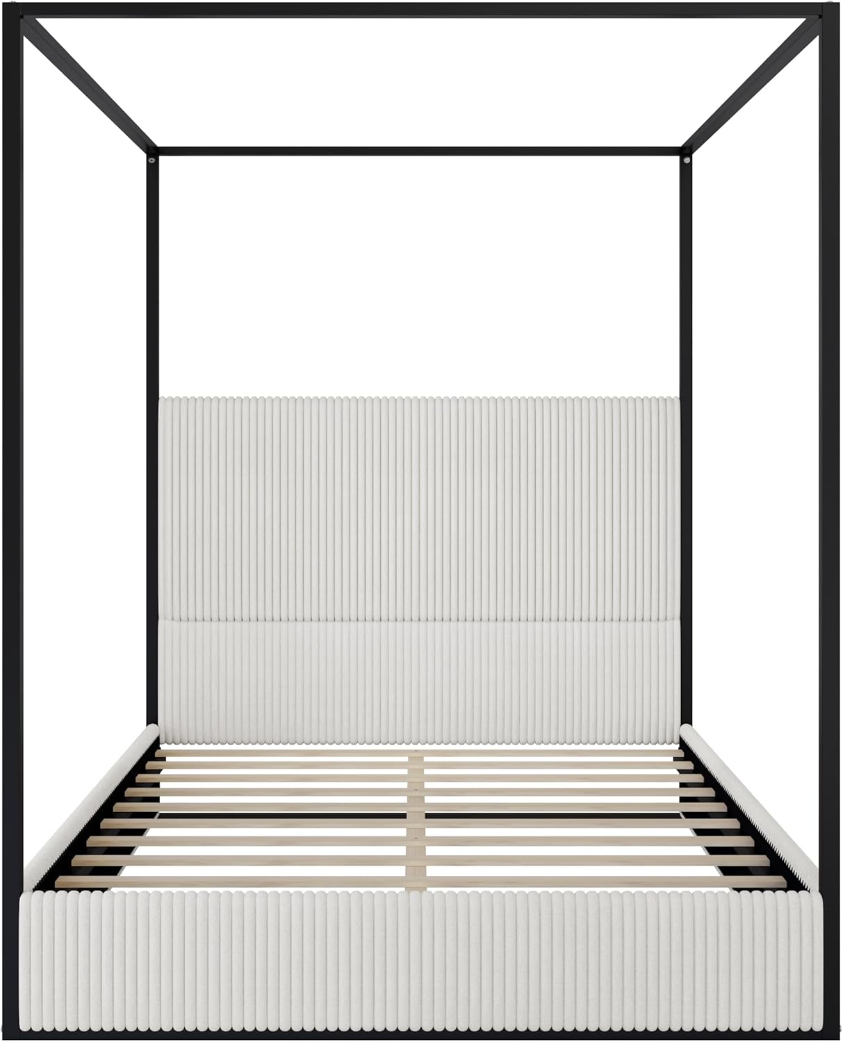 Modern Luxury 4-Poster Canopy Platform Bed Queen Size with Velvet Upholstered Tall Headboard, Metal Canopied Design Platform Bed Frame with Strong Slats Support (White+Black)