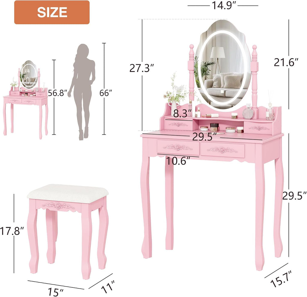 Whalefall Vanity Desk with Mirror and 3 Lights Modes, Makeup Vanity with Cushioned Stool, 4 Storage Drawers Makeup Table for Women and Girls, Bedroom or Dorm Guest Room