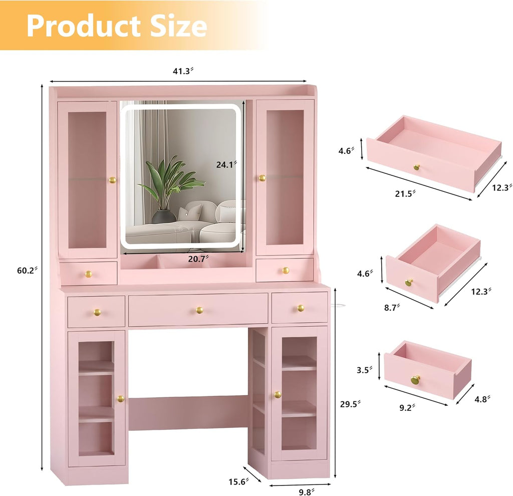 Wodeer Makeup Vanity Desk with Mirror and Lights, 41' Pink Vanity Set with 5 Drawers & 4 Glass Cabinets, Power Outlet & Adjustable LED Lights, Dressing Table for Women & Girls Bedroom