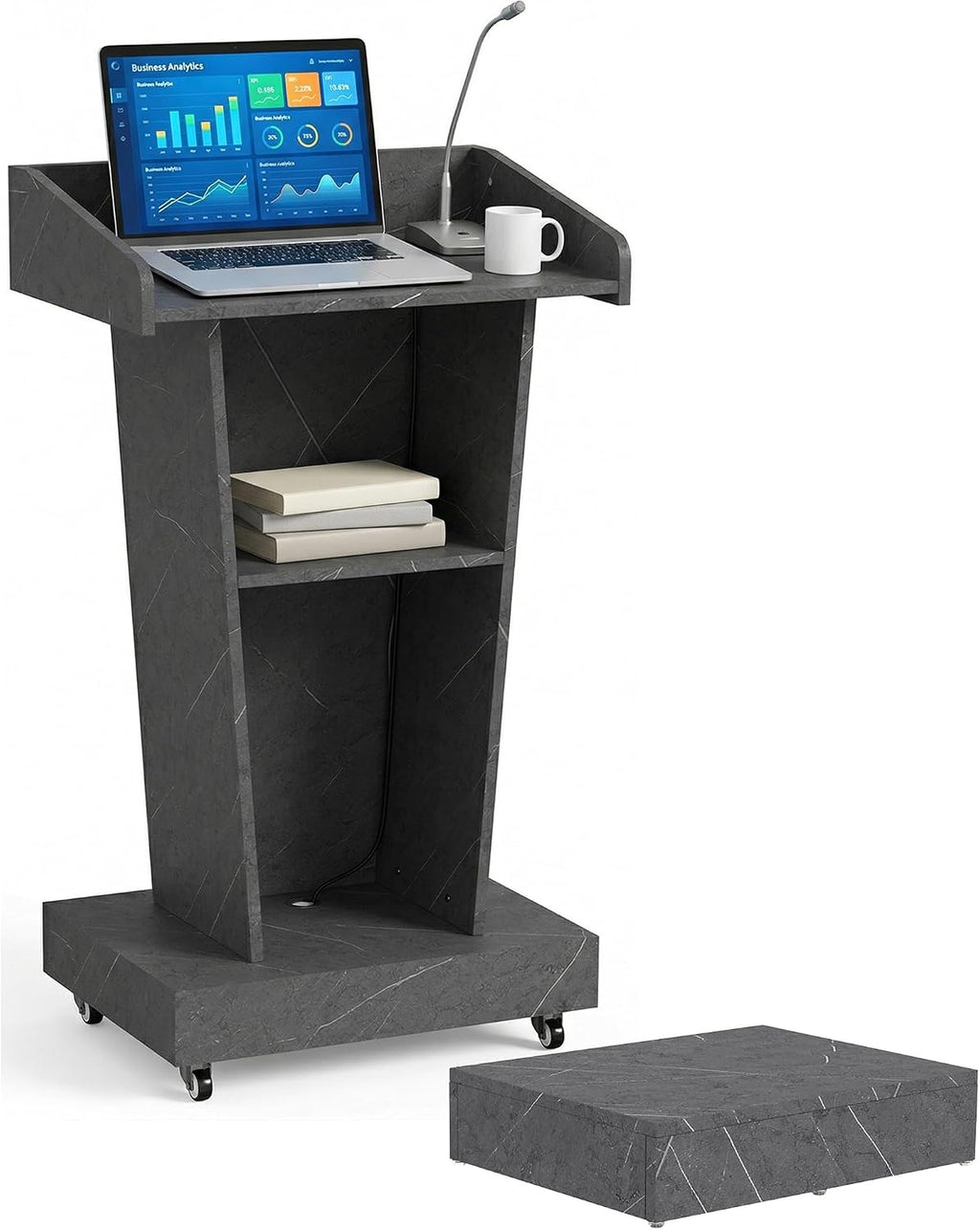 Wooden Podium Stand with Footrest, Rolling Lectern with Storage, Marble Texture Finish, 23.6' Desktop, Built-in Cable Holes, Sturdy Base, Mobile Pulpit for Churches, Conferences & Offices