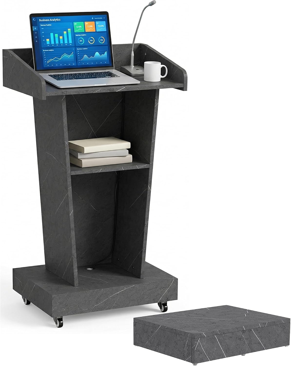 Wooden Podium Stand with Footrest, Rolling Lectern with Storage, Marble Texture Finish, 23.6' Desktop, Built-in Cable Holes, Sturdy Base, Mobile Pulpit for Churches, Conferences & Offices