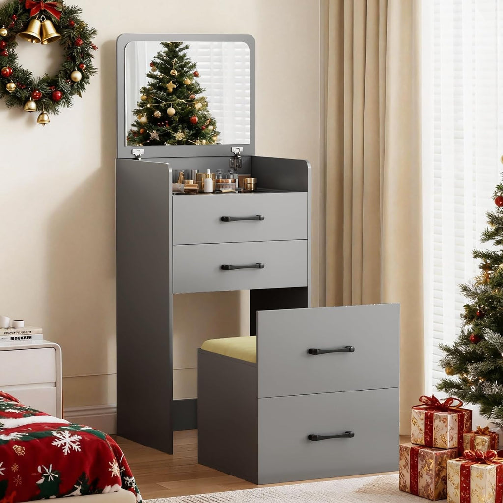 3 in 1 Make Vanity Desk with Flip Top Mirror,Glass Top Makeup Vanity Table with Cushioned Stool,Small Dressing Table with 3 Drawers,Compact Vanity Set for Apartment,Dormitory(Grey)