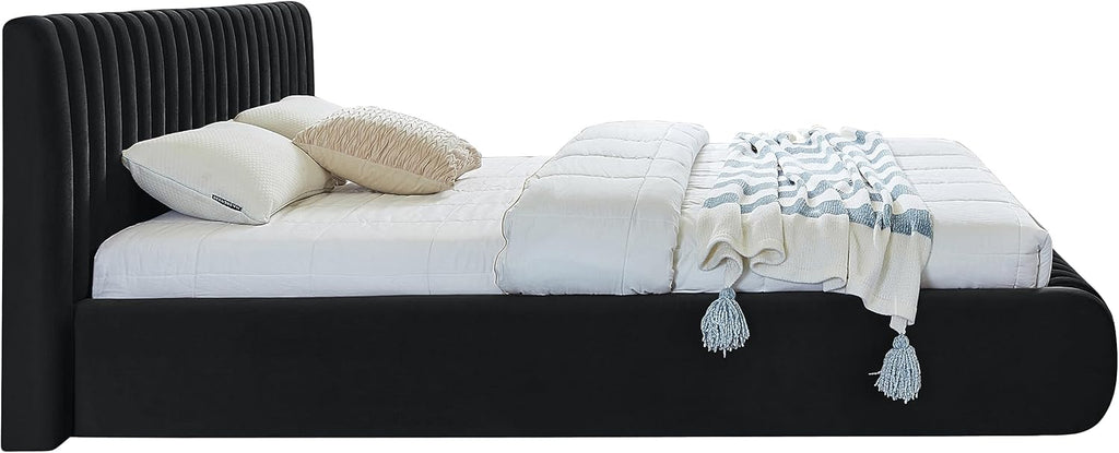 Meridian Furniture NicoBlack-Q Nico Collection Modern | Contemporary Velvet Upholstered Queen Bed with Rich Black Velvet and Deep Channel Tufting, 74' W x 91' D x 38' H, Black, Queen