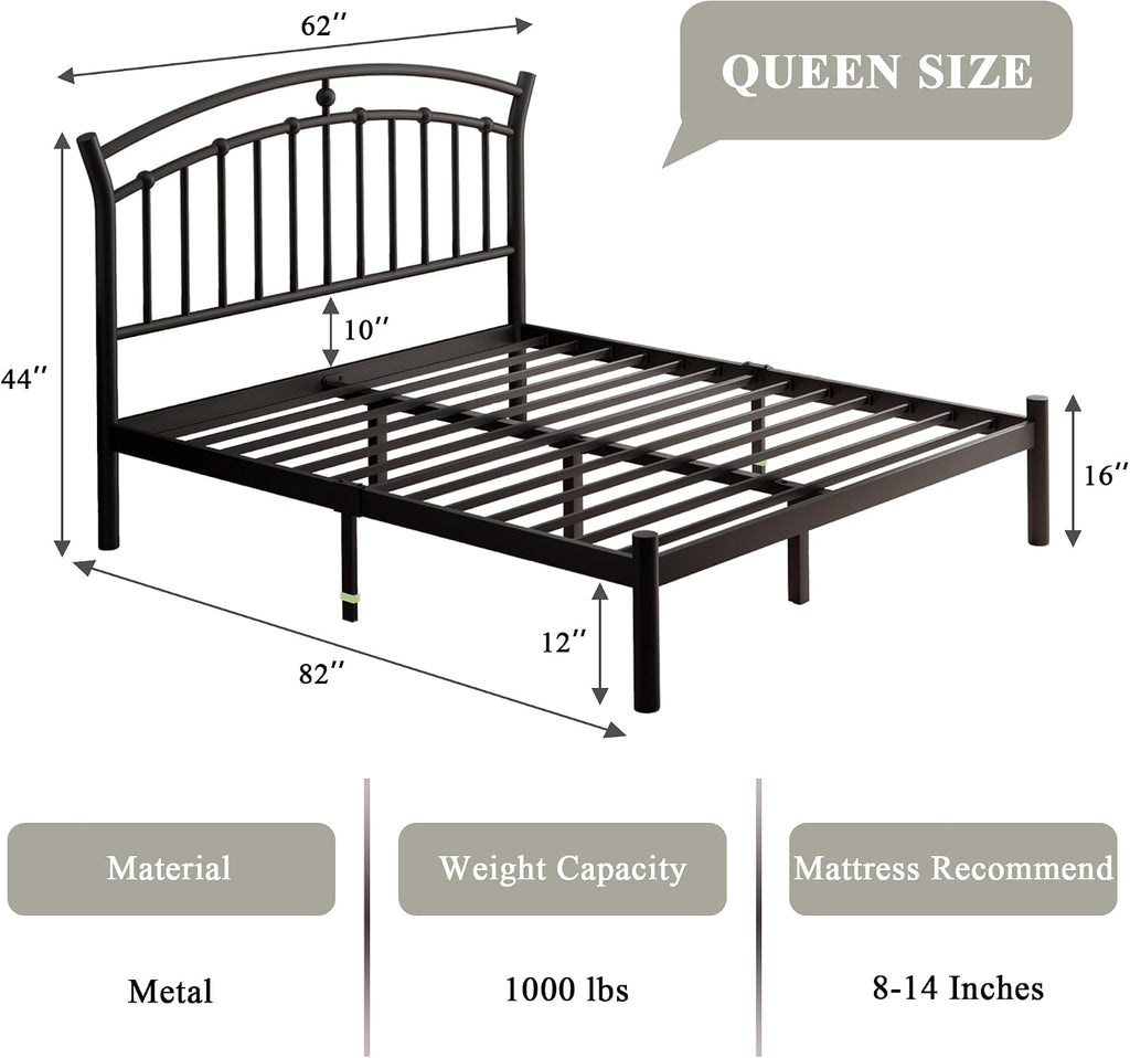 Feonase Queen Black Bed Frame, Heavy-Duty Metal Bed Frame with 13 Hardened Steel Slats, 12' Under-Bed Storage, Noise-Free, Easy Assembly