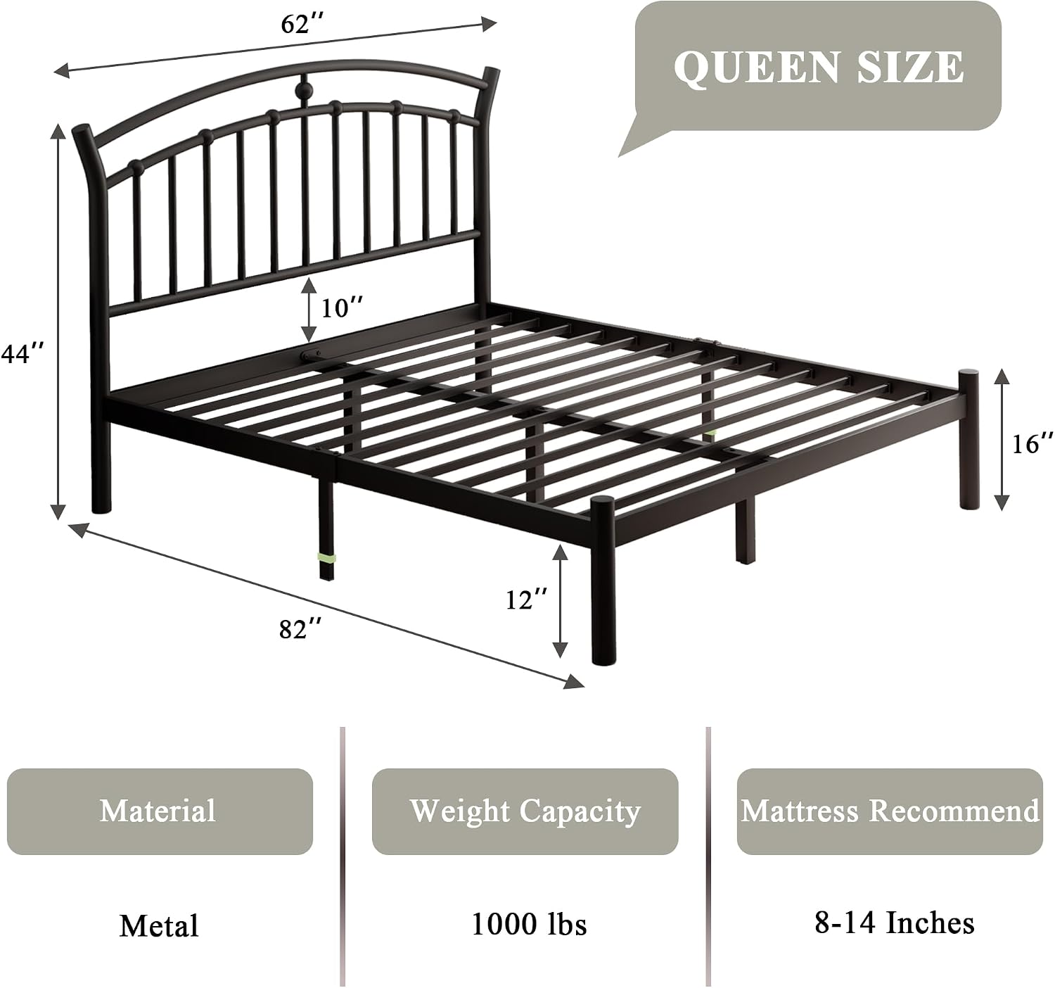 Feonase Queen Black Bed Frame, Heavy-Duty Metal Bed Frame with 13 Hardened Steel Slats, 12' Under-Bed Storage, Noise-Free, Easy Assembly