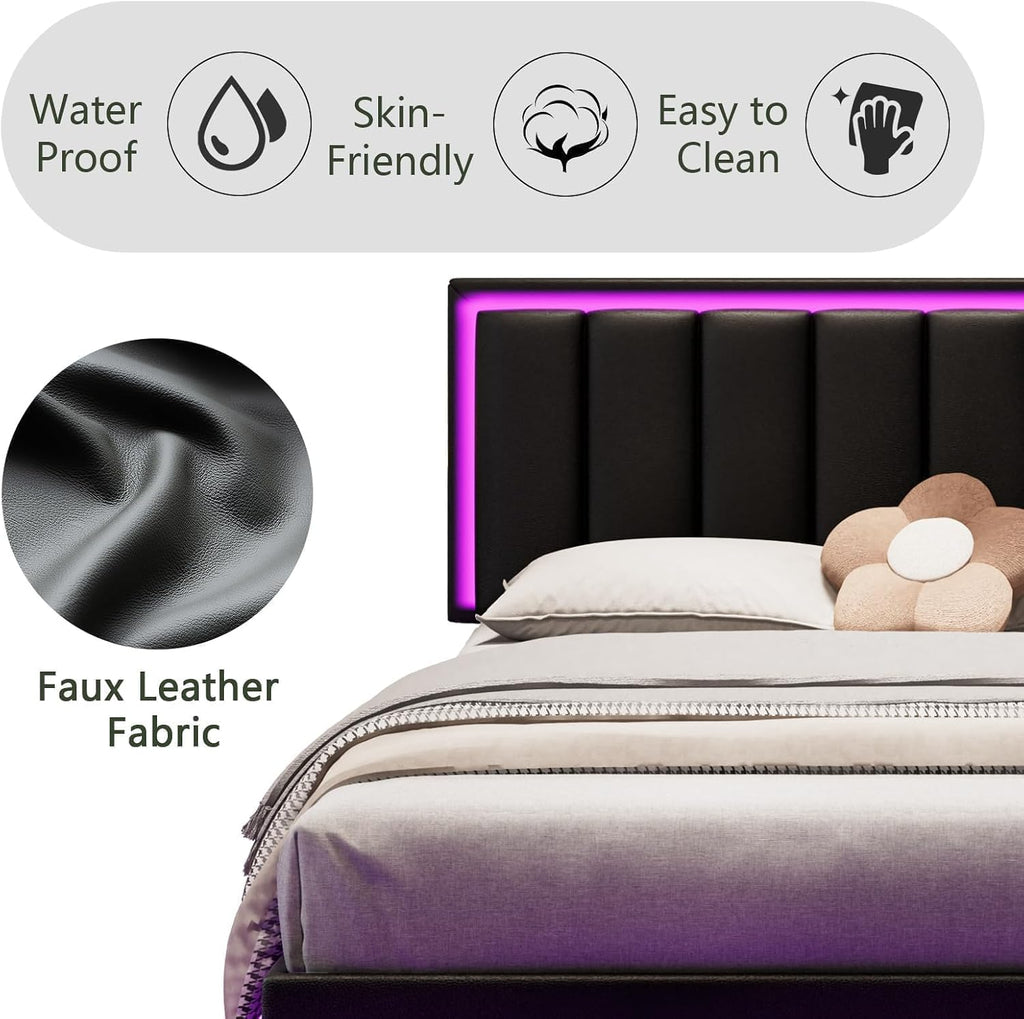 IMMERSTABLE Full Size Floating Bed Frame with LED Lights, Upholstered Platform Bed with Headboard, 11 in Storage Clearance, Solid Wood Slats, No Box Spring Needed, Easy Assembly, Black
