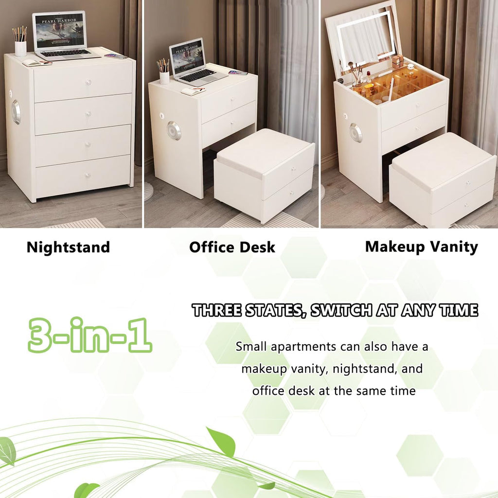 3 in 1 Compact Corner Vanity with Dual Speakers, USB Charging & Flip Mirror Light, No Assembly Required (27.5in)