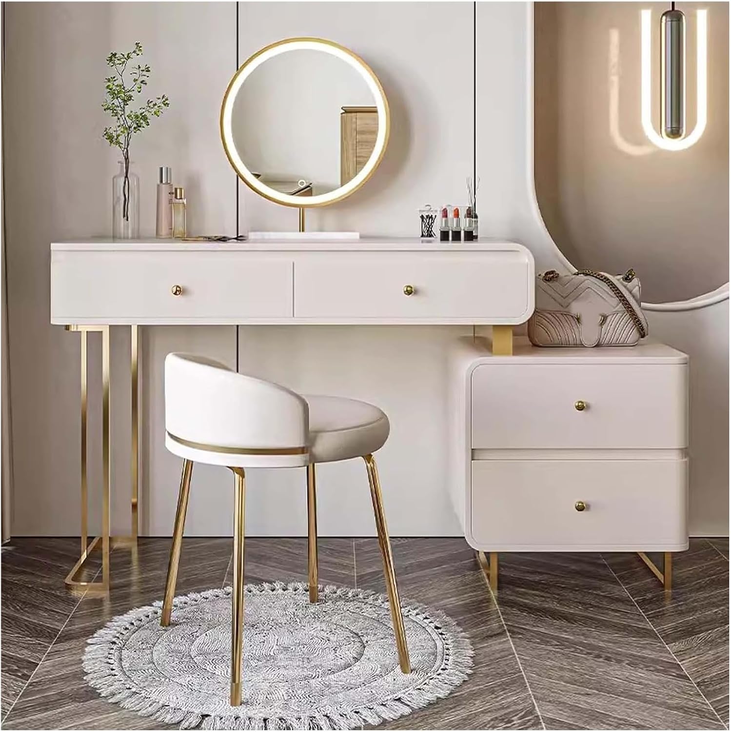 Vanity Desk, Vanity Table, Dressing Table, Vanity Desk with Drawers and Chair, Makeup Table with Lighted Mirror Corner(47x16x31 inch)