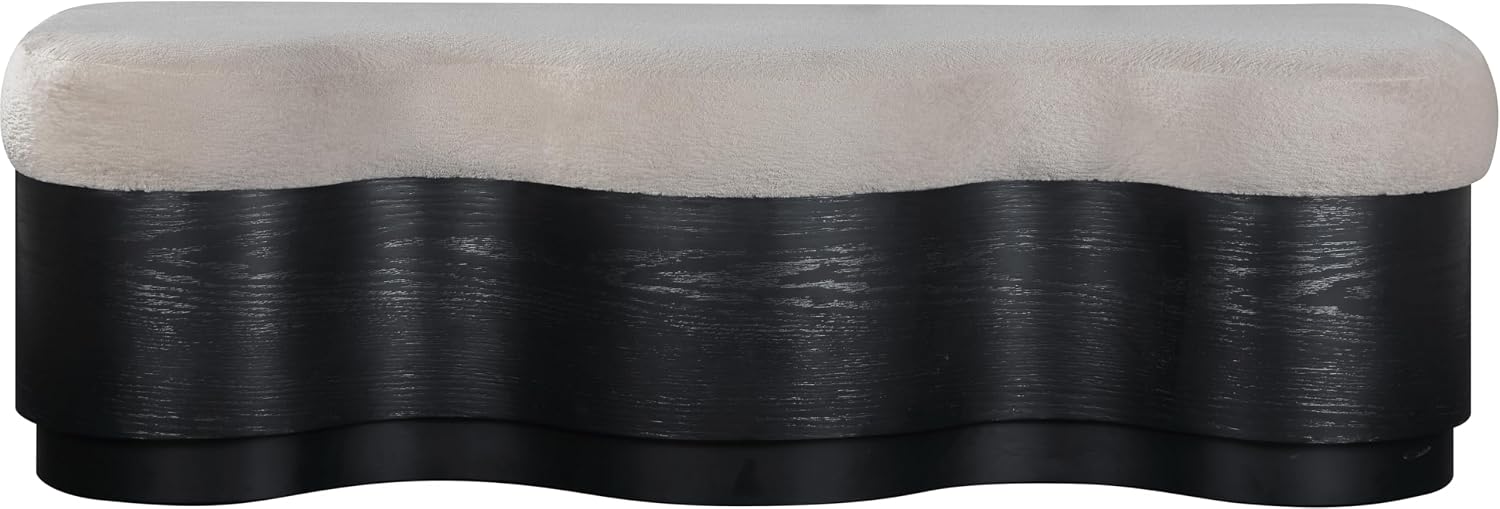Meridian Furniture 22081Beige Savoy Collection Art Deco Bench with Soft Beige Velour Fur Fabric, Rich Black Finish, Mix of Solid Wood & MDF, 60' W x 18.5' D x 18.5' H, Beige