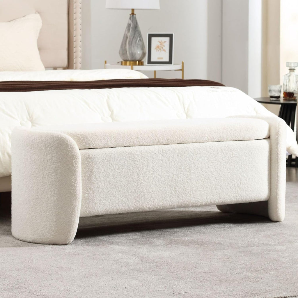 ROCTY White Boucle Storage Bench - 50' Sherpa Ottoman Bench for Bedroom, Entryway, Living Room & Vanity - Teddy Fabric with Storage & Seating