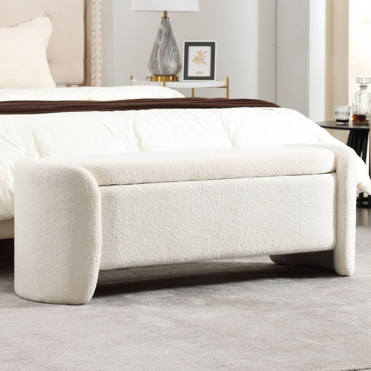 ROCTY White Boucle Storage Bench - 50' Sherpa Ottoman Bench for Bedroom, Entryway, Living Room & Vanity - Teddy Fabric with Storage & Seating