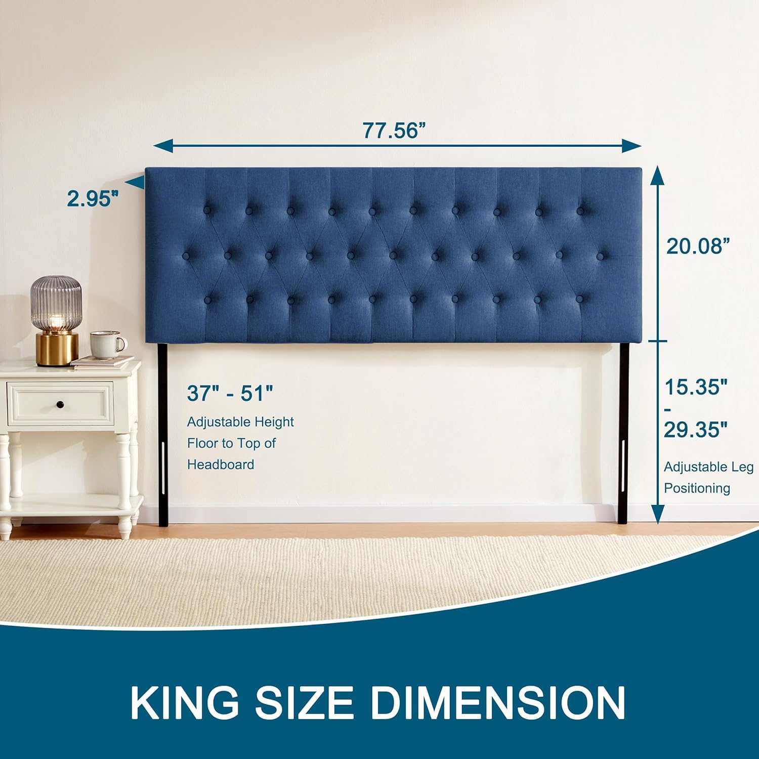 Huatean Home Tufted Upholstered Headboard King Size, Solid Wood Head Board with Durable Metal Legs, Adjustable Height Bed headboard from 37' to 51' Fabric Headboard in Modern Button Design, Blue