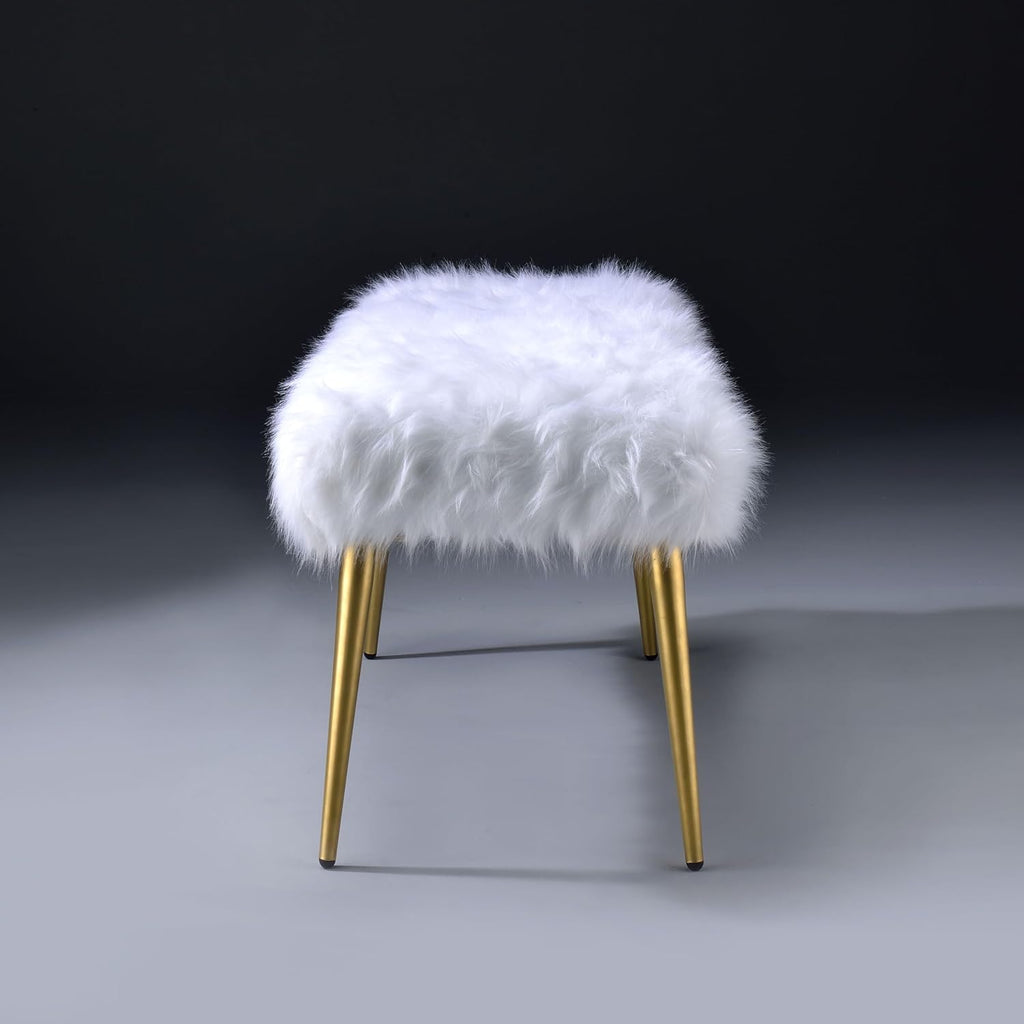White and Gold Bench with Faux Fur Seat, 38.5-Inch Glam Entryway Bench with Straight Gold Legs, Cozy Upholstered Vanity Bench for Bedroom Living Room Hallway