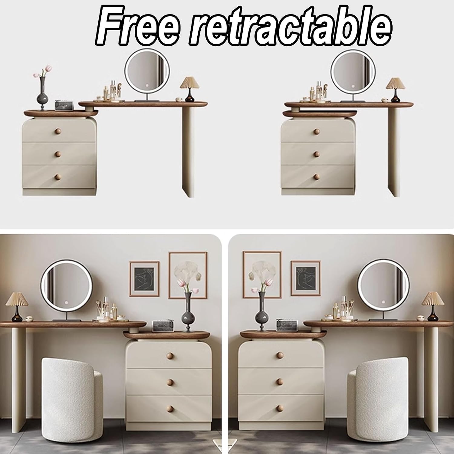Vanity with Lights 3 Colors of Lighting Effects Makeup Vanity Set with Mirror & Stool for Girls Expandable and Adjustable Dressing Table Rounded Corners