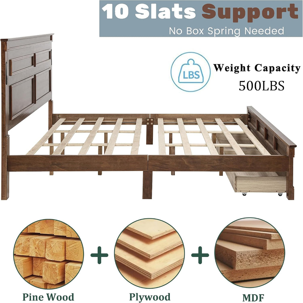 King Bed Frame with 46' Tall Headboard, Farmhouse Solid Wood King Size Platform Bed with 2 Storage Drawers,LED Lights & USB Charging Station,No Box Spring Needed, Walnut