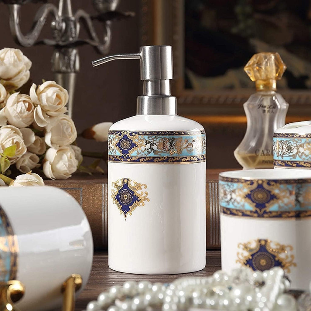 Vanity Bathroom Decor, Retro Design Ceramic Bathroom Accessory Set Bohemian Blue Bath Accessories Bath Set European Style Set Housewarming Gift(5-Piece Set)